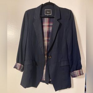 Navy blazer with plaid cuffs and elbow pads